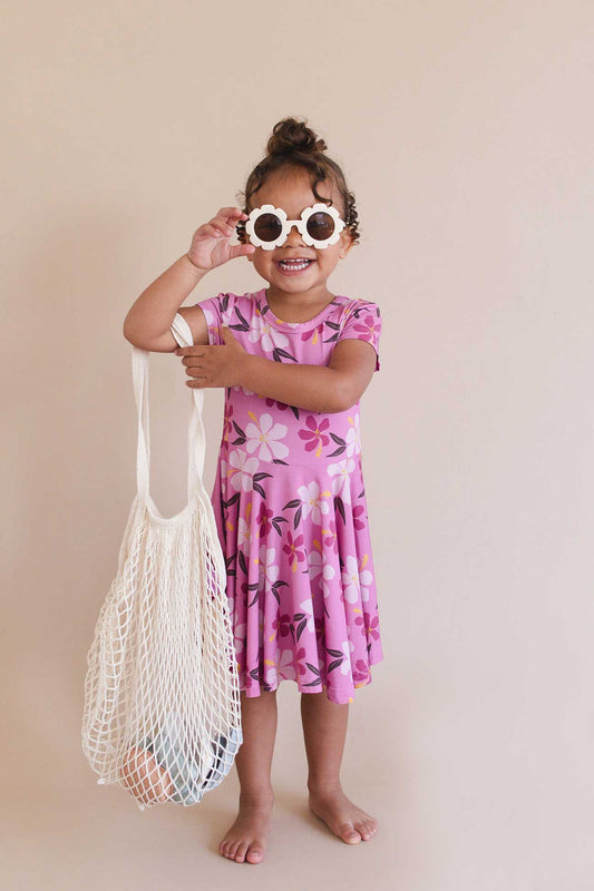 Short Sleeve Twirl Dress - Berry Hibiscus